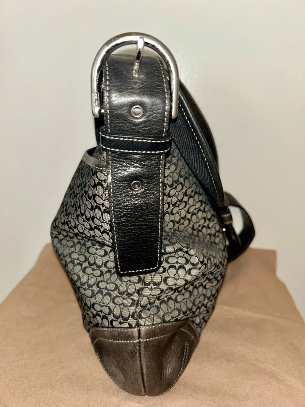 COACH Vintage Soho Signature Monogram Canvas and Leather Bag, black and gray